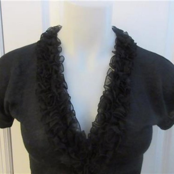 DEBORAH LINDQUIST BLACK RUFFLE TRIM SHORT SLEEVE S - Picture 2 of 4
